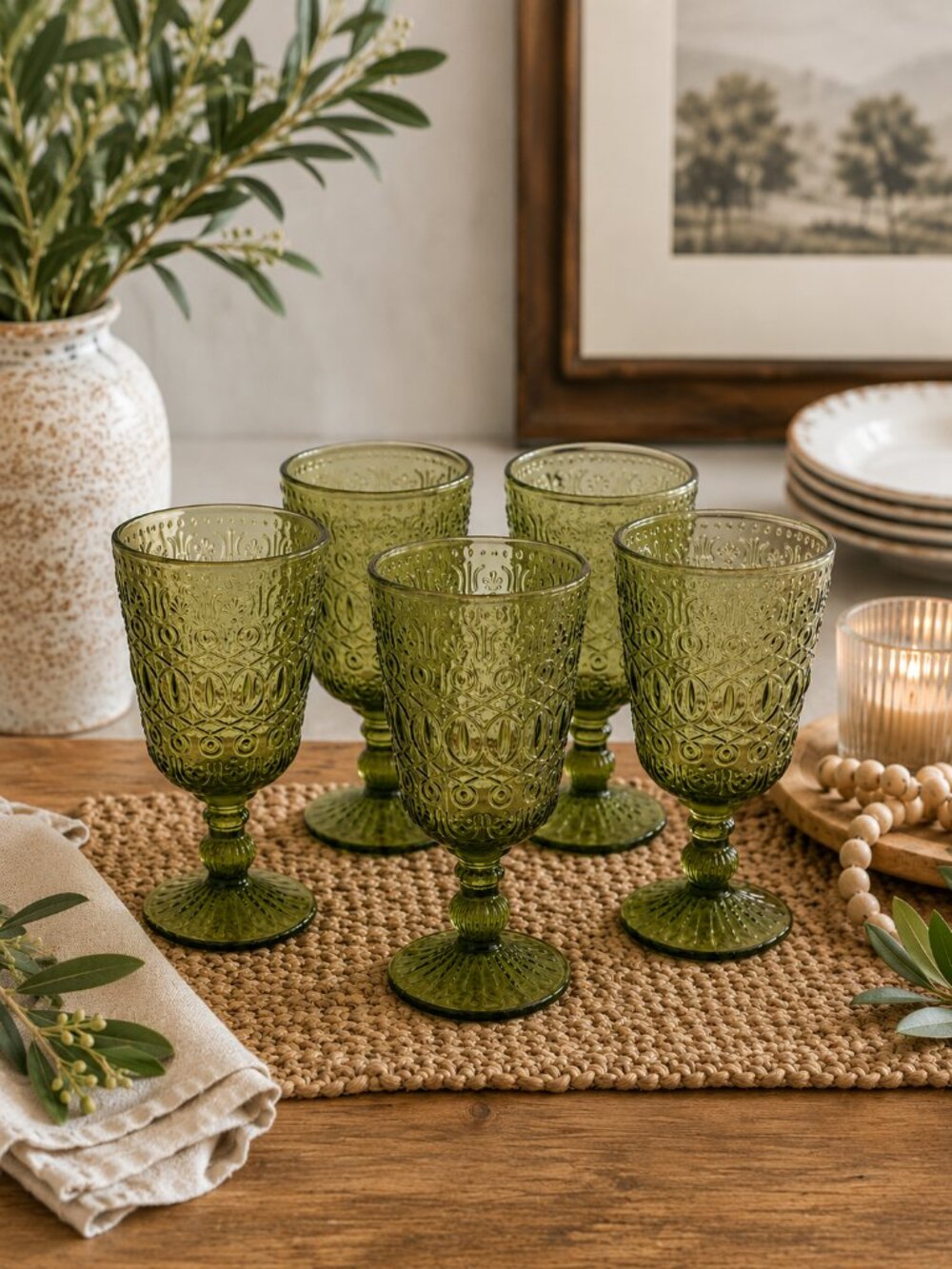 Vintage Olive Green Embossed Goblets – Retro Pressed Glass Wine Glasses